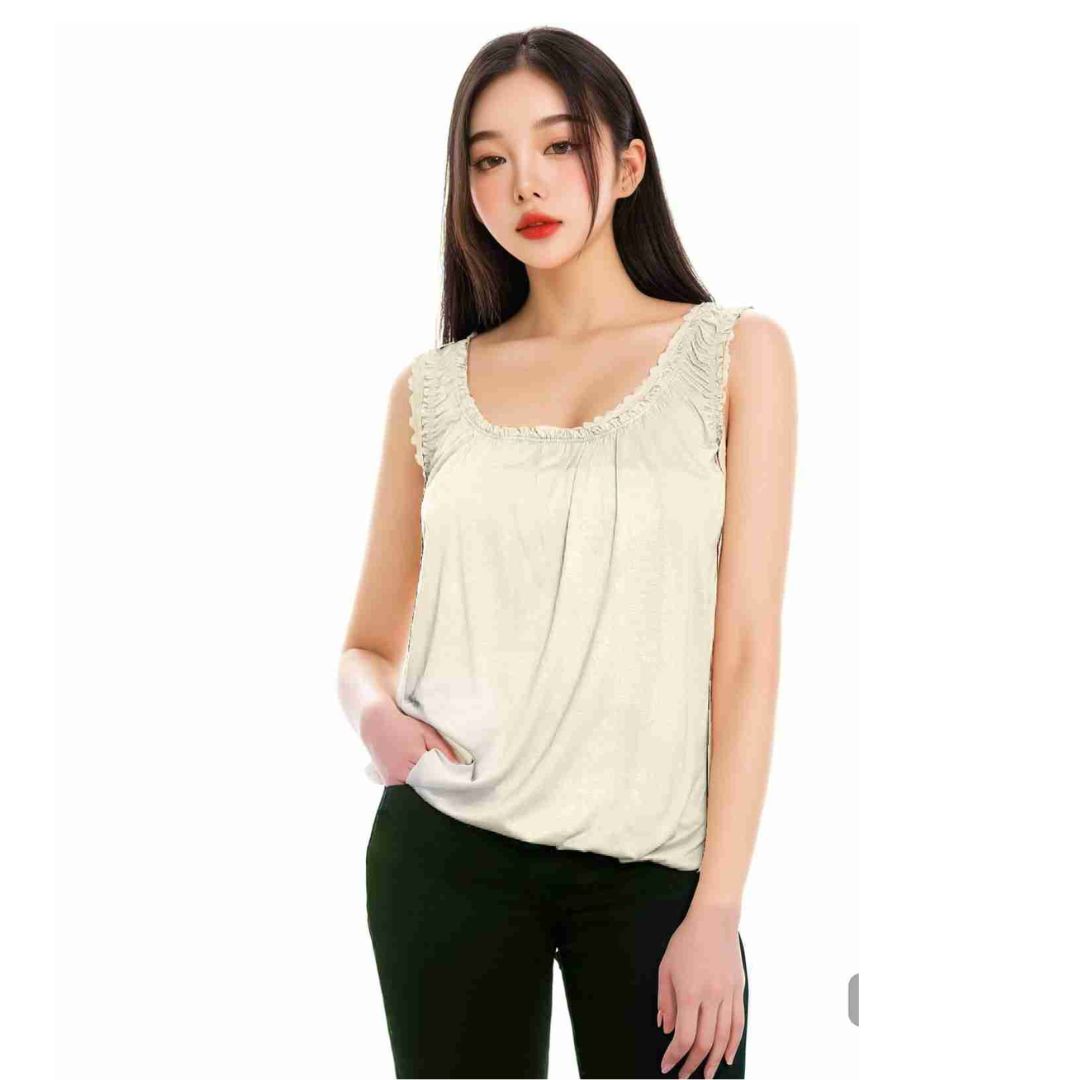 LUXE DIVA Women’s Gathered Round Scoop Neckline Swing Trim Sleeveless Plain Tank Top Wide Straps Ladies Elastic Bubble Hem Summer Camisole Baggy Vest Blouse Top