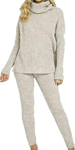 Load image into Gallery viewer, LUXE DIVA Ladies Chunky Cable Knitted Polo High Neck Top Leggings Lounge wear Suit Set
