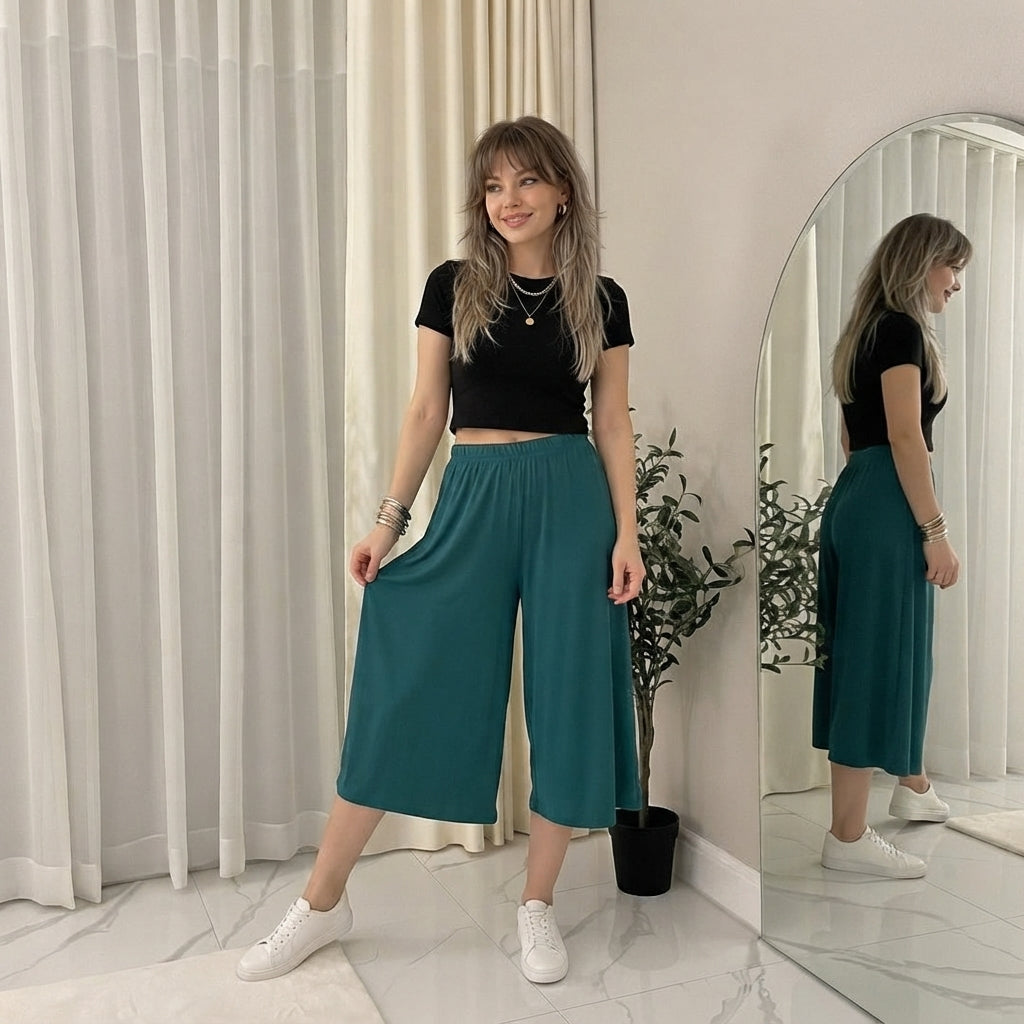 LUXE DIVA Women's 3/4 Palazzo Culottes Wide Leg Stretch