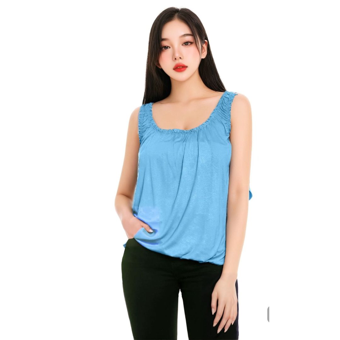 LUXE DIVA Women’s Gathered Round Scoop Neckline Swing Trim Sleeveless Plain Tank Top Wide Straps Ladies Elastic Bubble Hem Summer Camisole Baggy Vest Blouse Top