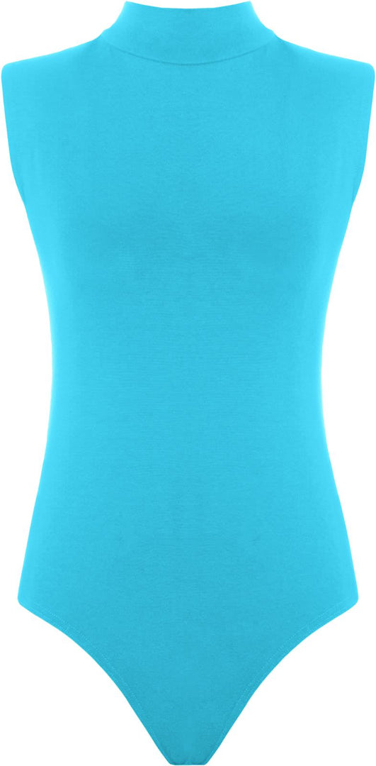 Womens Polo Turtle Neck Bodysuit Ladies Sleeveless Leotard Plain Stretchy Plunge Casual Party T-Shirt Top Sizes 16-22