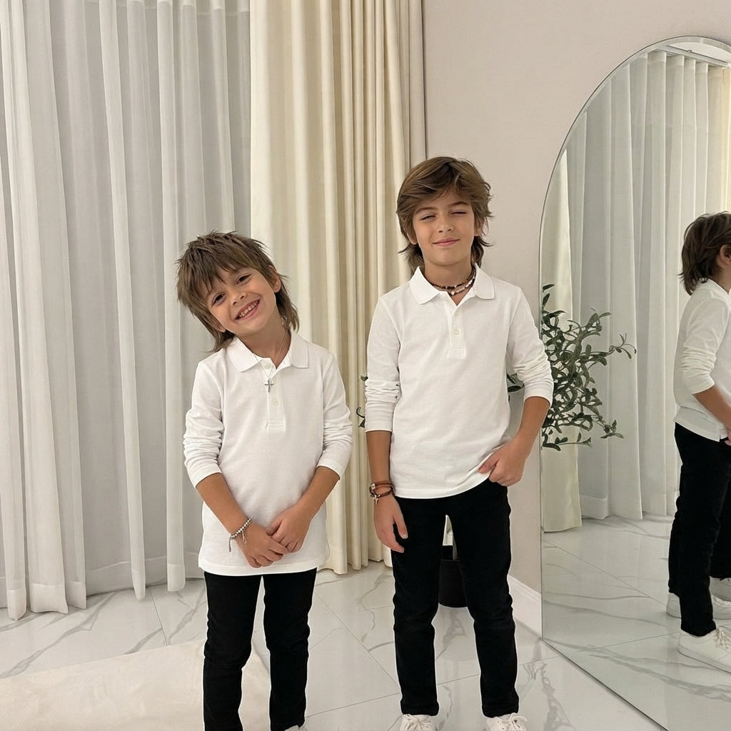 LUXE DIVA Kids Plain Long Sleeve Polo Shirt School Uniform Top Boys Girls