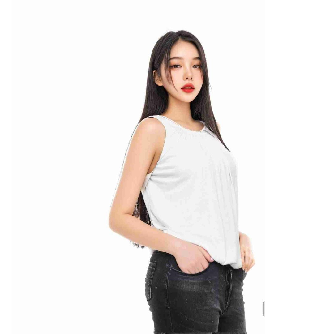 LUXE DIVA Women’s Gathered Round Scoop Neckline Swing Trim Sleeveless Plain Tank Top Wide Straps Ladies Elastic Bubble Hem Summer Camisole Baggy Vest Blouse Top