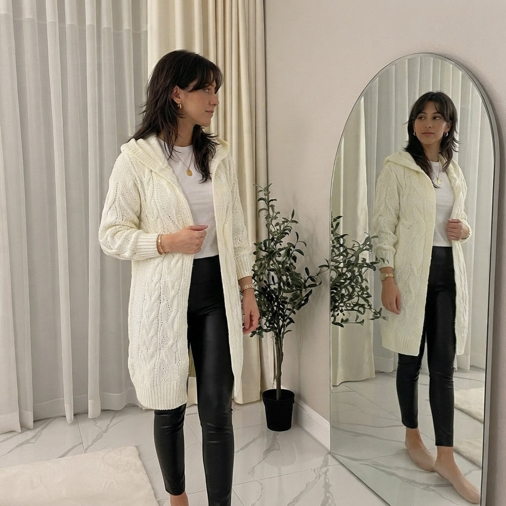 LUXE DIVA Women's Hooded Cable Knit Longline Cardigan
