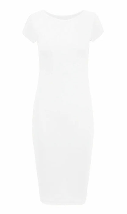 LUXE DIVA Ladies Scoop Neck Bodycon Dress Cap Sleeve Slim Fit Midi Dress Womens Plus Size Plain Stretch Ladies Jersey Midi Dress Sizes 8-26