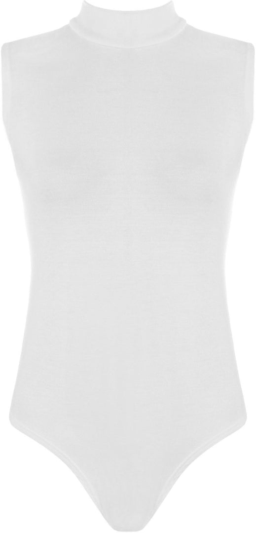 Womens Polo Turtle Neck Bodysuit Ladies Sleeveless Leotard Plain Stretchy Plunge Casual Party T-Shirt Top Sizes 16-22