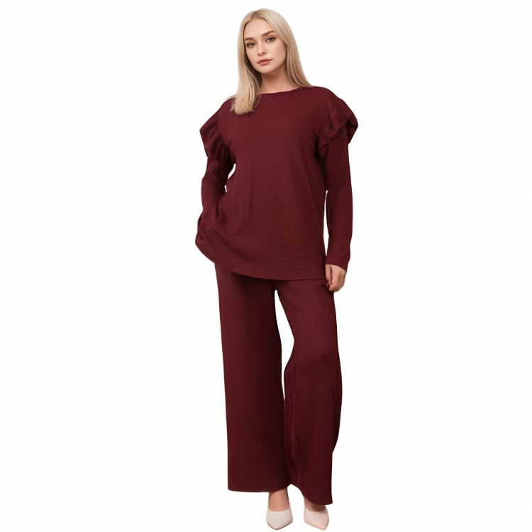 LUXE DIVA Ladies Frill arm Long Sleeve 2pcs Women's Wide Flared Leggings Trouser Loungewear Suit