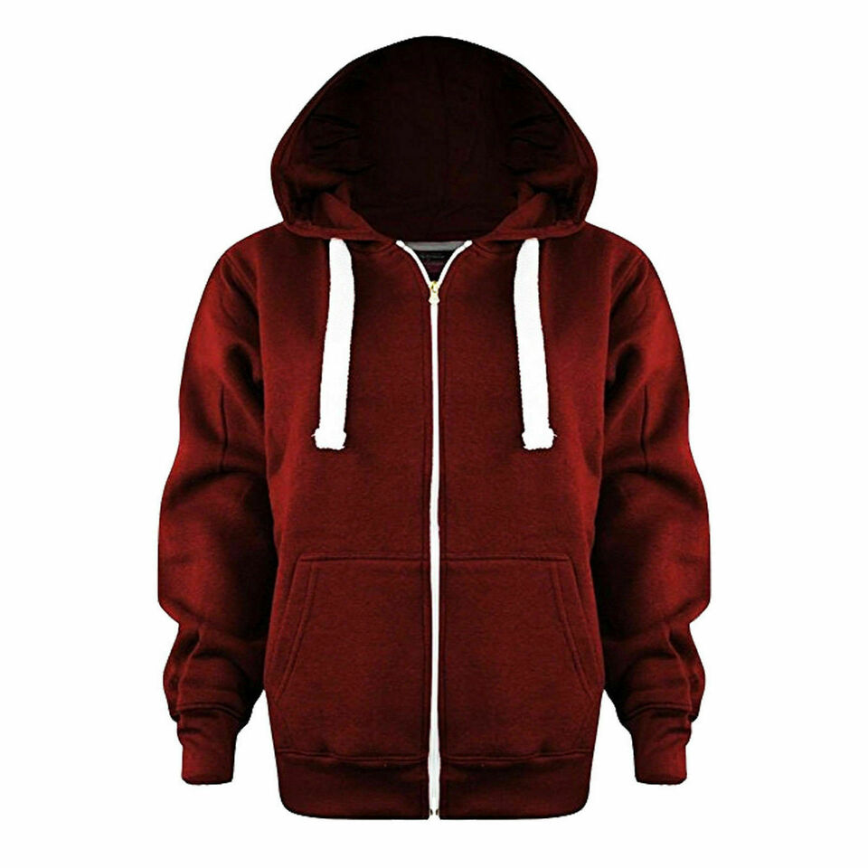 Girls Boys Children Fleece Plain Hoodie Top Kids Hooded Jacket Zip Up Warm Hoody 3-13 Years