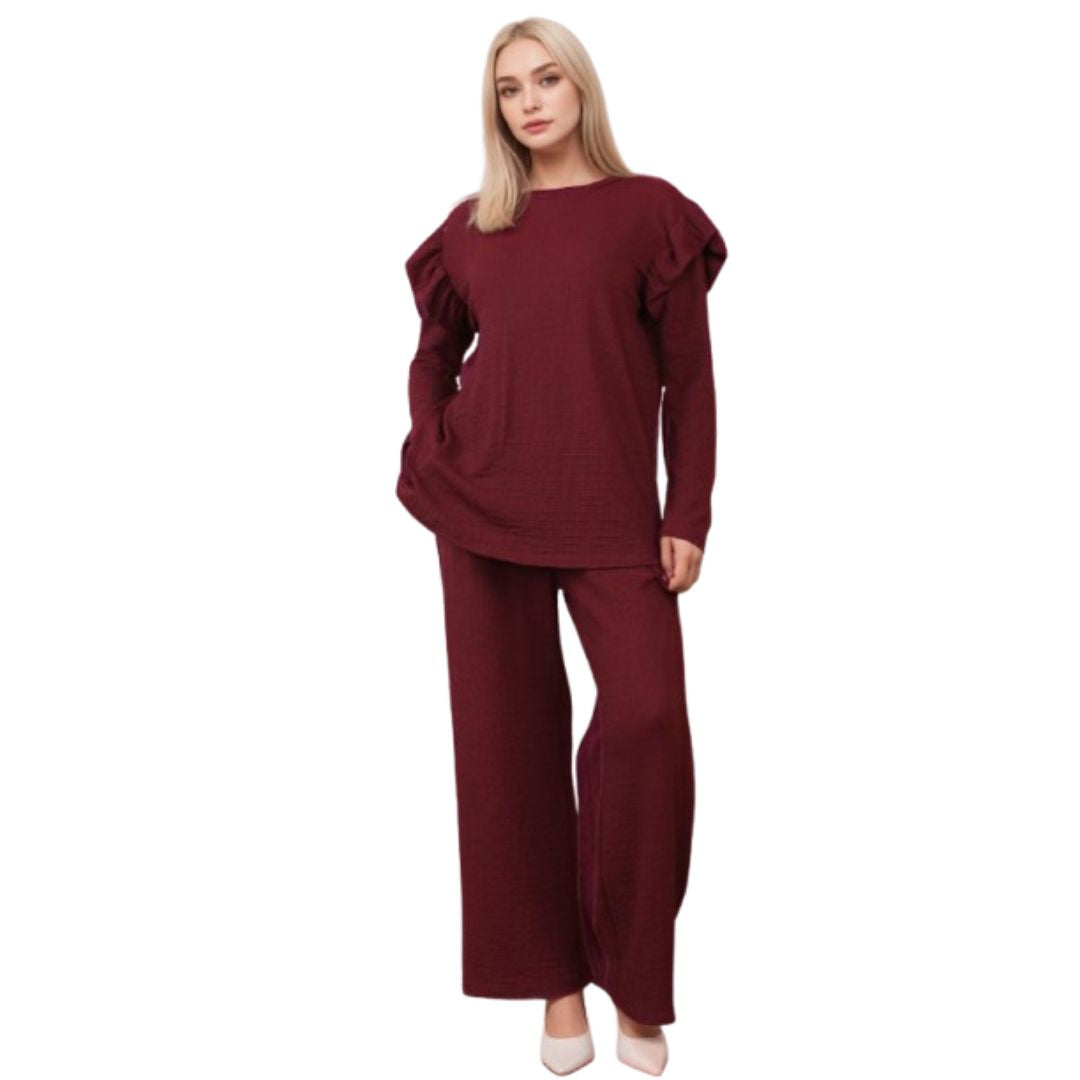 LUXE DIVA Ladies Frill arm Long Sleeve 2pcs Women's Wide Flared Leggings Trouser Loungewear Suit