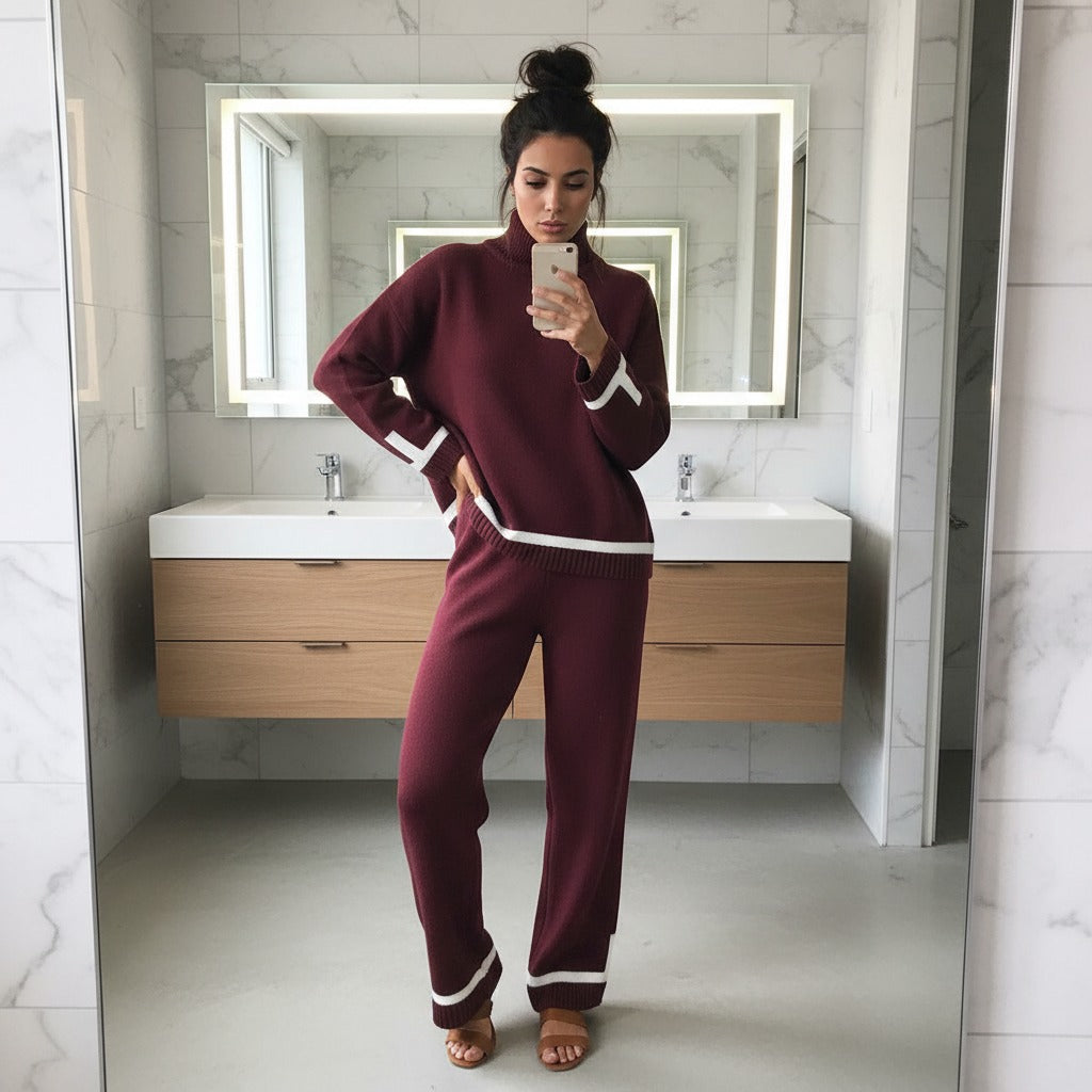 Knitted Co Ord Set Women, Long Sleeve Crew Neck Jumper with Elastic Waist Wide Leg Trousers, 2 Piece Lounge Wear Tracksuit UK Stylish Fit Cozy