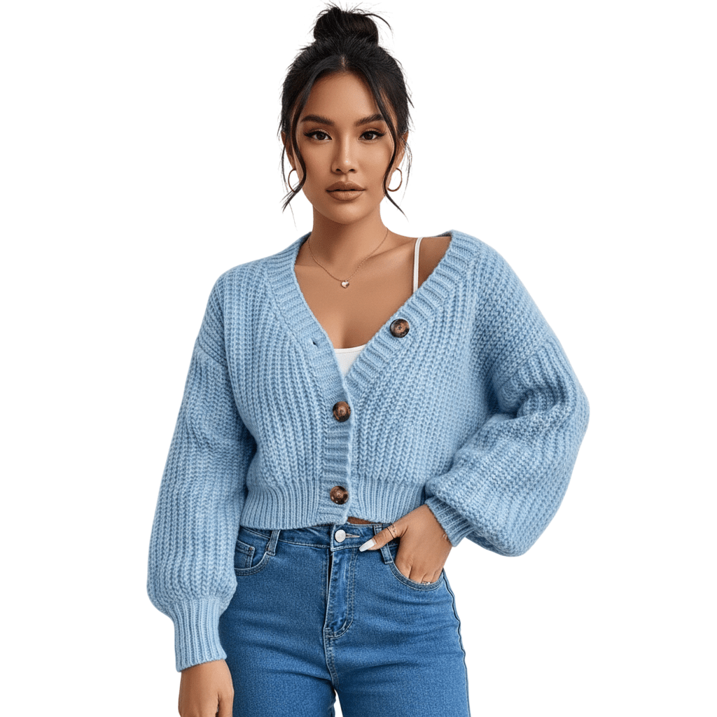Womens Balloon Sleeve Chunky Knitted 3 Button Crop Cardigan V Neck Stretchy Fisher Knit Sweater Winter Warm Fancy Party Wear Top UK 8 - 14 Size - LUXE DIVAWomens Balloon Sleeve Chunky Knitted 3 Button Crop Cardigan V Neck Stretchy Fisher Knit Sweater Winter Warm Fancy Party Wear Top UK 8 - 14 SizeLUXE DIVALUXE DIVABlnSlv3ButCrpCardiSBlue1SWomens Balloon Sleeve Chunky Knitted 3 Button Crop Cardigan V Neck Stretchy Fisher Knit Sweater Winter Warm Fancy Party Wear Top UK 8 - 14 SizeOne sizeSky Blue