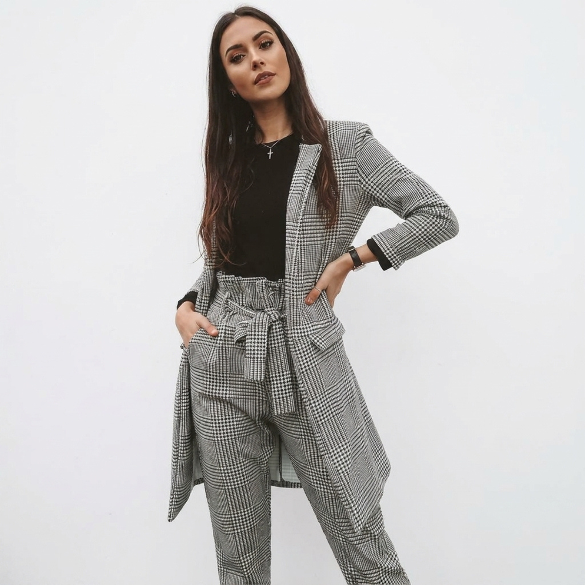 LUXE DIVA women’s checkered houndstooth duster coat jacket
