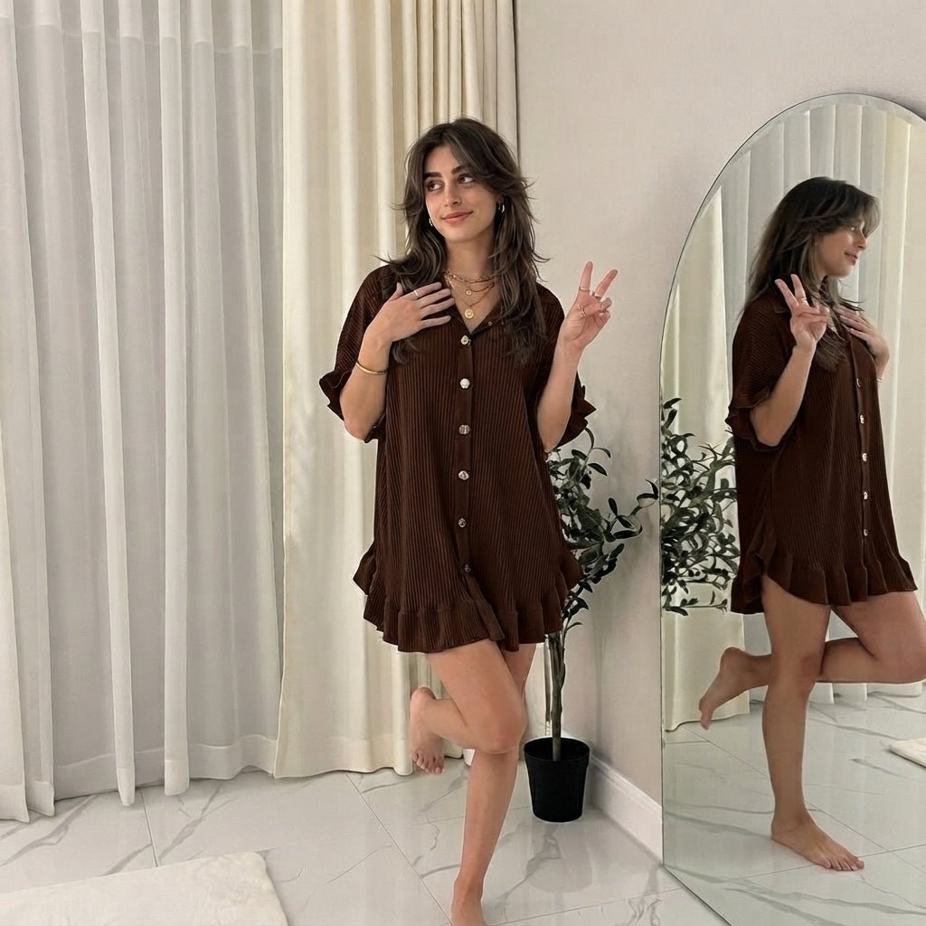 Women's Pleated Short Sleeve Button Down Co-Ord Shirt Set | LuxeDiva - LUXE DIVAWomen's Pleated Short Sleeve Button Down Co-Ord Shirt Set | LuxeDivaPleated Shirt SetLUXE DIVALUXE DIVACrncklGoldButShirtTurq1SWomen's Pleated Short Sleeve Button Down Co-Ord Shirt Set | LuxeDivaOne Size Fit 8-24Chocolate