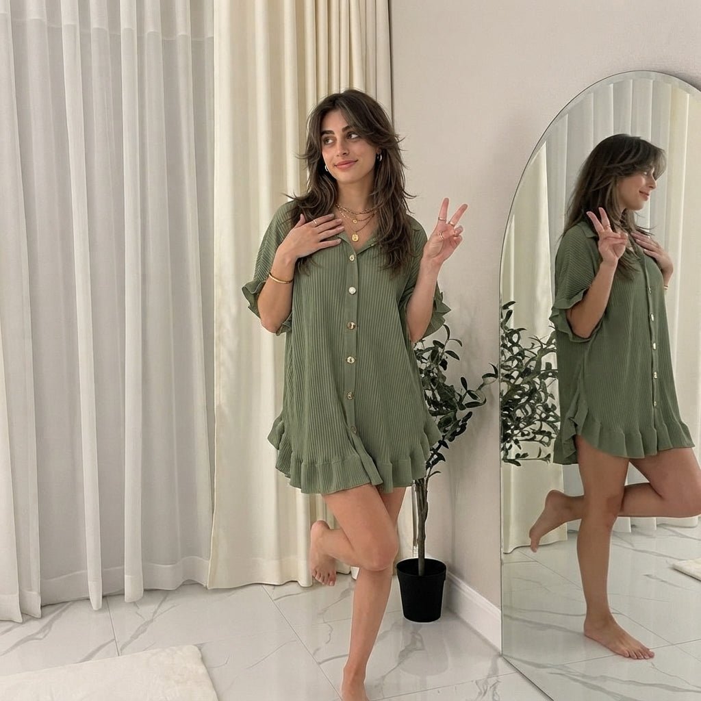 Women's Pleated Short Sleeve Button Down Co-Ord Shirt Set | LuxeDiva - LUXE DIVAWomen's Pleated Short Sleeve Button Down Co-Ord Shirt Set | LuxeDivaPleated Shirt SetLUXE DIVALUXE DIVACrncklGoldButShirtKhaki1SWomen's Pleated Short Sleeve Button Down Co-Ord Shirt Set | LuxeDivaOne Size Fit 8-24Khaki