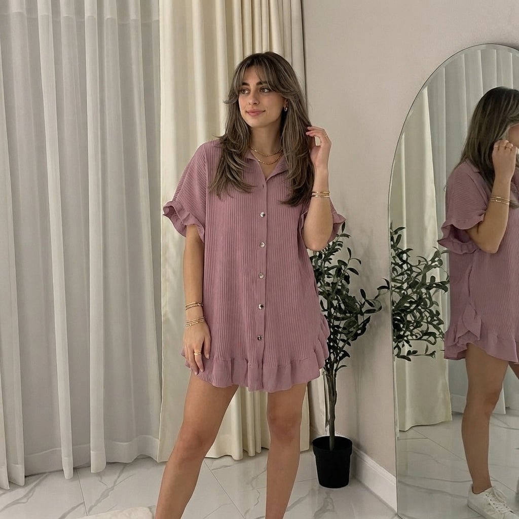 Women's Pleated Short Sleeve Button Down Co-Ord Shirt Set | LuxeDiva - LUXE DIVAWomen's Pleated Short Sleeve Button Down Co-Ord Shirt Set | LuxeDivaPleated Shirt SetLUXE DIVALUXE DIVACrncklGoldButShirtDPink1SWomen's Pleated Short Sleeve Button Down Co-Ord Shirt Set | LuxeDivaOne Size Fit 8-24dusty pink