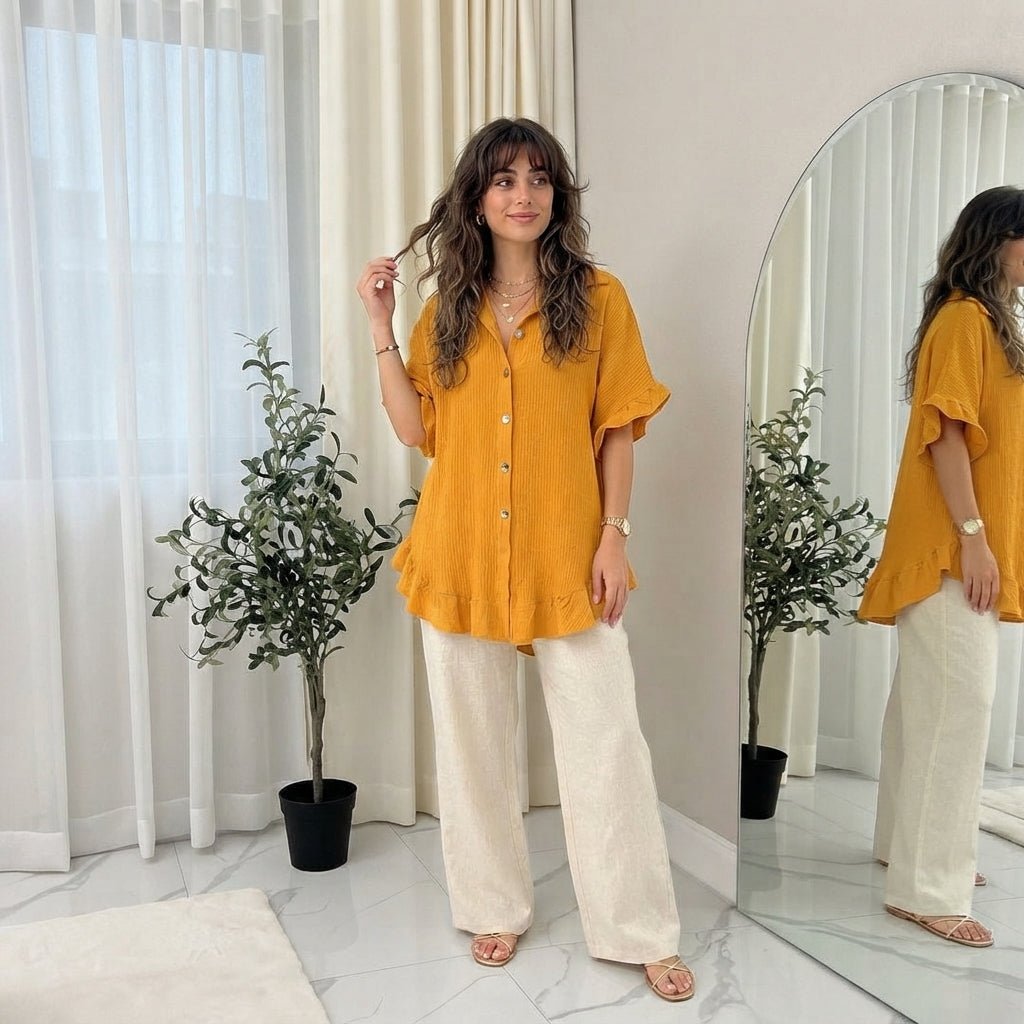 Women's Pleated Short Sleeve Button Down Co-Ord Shirt Set | LuxeDiva - LUXE DIVAWomen's Pleated Short Sleeve Button Down Co-Ord Shirt Set | LuxeDivaPleated Shirt SetLUXE DIVALUXE DIVACrncklGoldButShirtOrange1SWomen's Pleated Short Sleeve Button Down Co-Ord Shirt Set | LuxeDivaOne Size Fit 8-24Orange