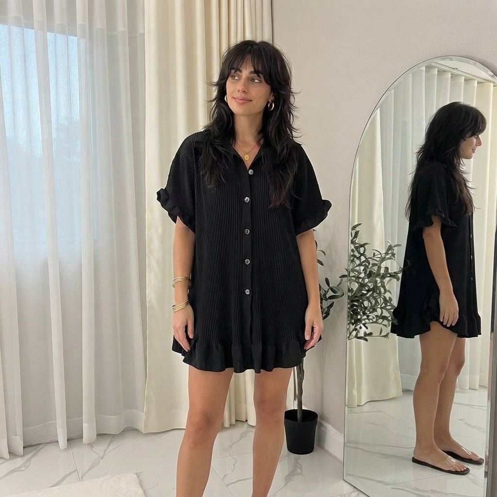 Women's Pleated Short Sleeve Button Down Co-Ord Shirt Set | LuxeDiva - LUXE DIVAWomen's Pleated Short Sleeve Button Down Co-Ord Shirt Set | LuxeDivaPleated Shirt SetLUXE DIVALUXE DIVACrncklGoldButShirtBlk1SWomen's Pleated Short Sleeve Button Down Co-Ord Shirt Set | LuxeDivaOne Size Fit 8-24Black