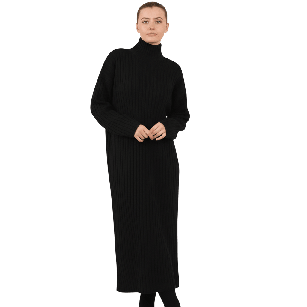 Women's Ribbed Knitted Maxi Dress, Funnel - LUXE DIVAWomen's Ribbed Knitted Maxi Dress, FunnelLUXE DIVALUXE DIVALSPN RibKnitMaxiDresBlk1SWomen's Ribbed Knitted Maxi Dress, FunnelOne sizeBlack