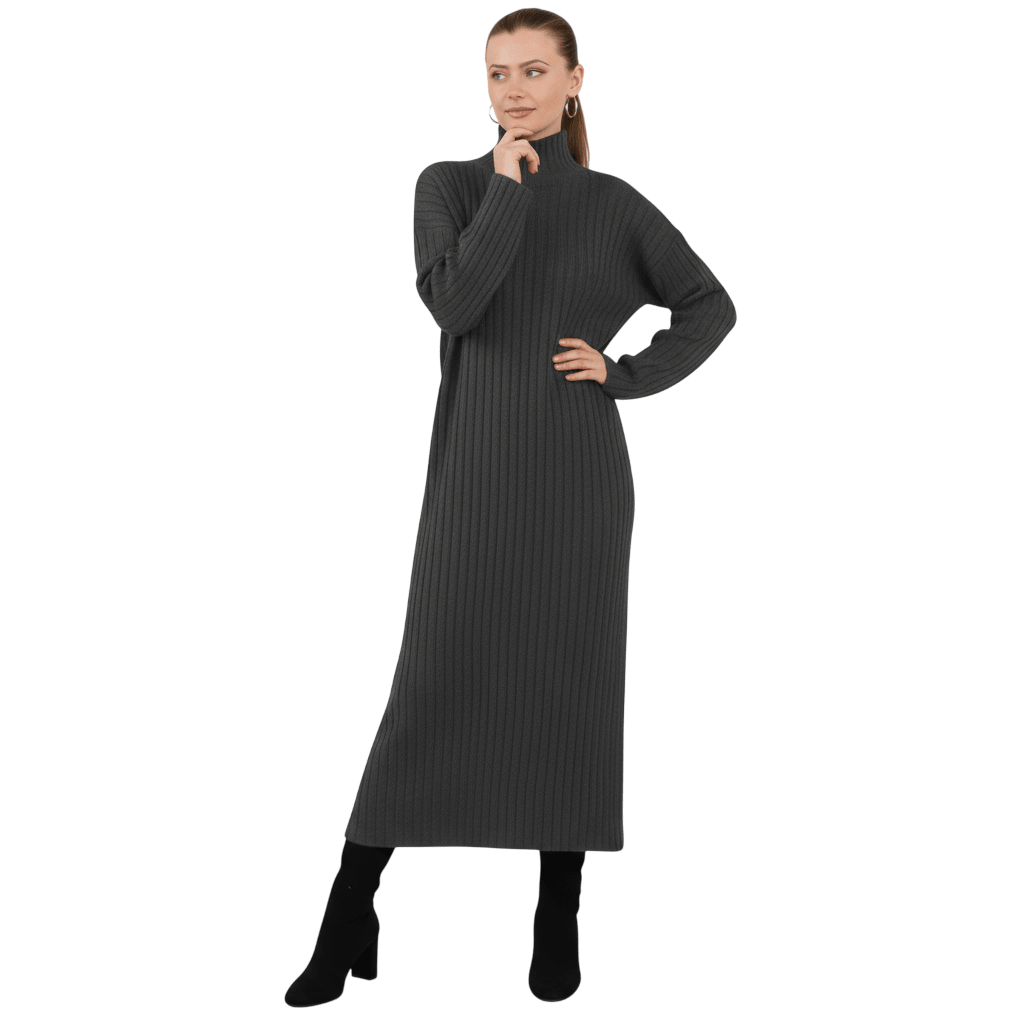 Women's Ribbed Knitted Maxi Dress, Funnel - LUXE DIVAWomen's Ribbed Knitted Maxi Dress, FunnelLUXE DIVALUXE DIVALSPN RibKnitMaxiDresChar1SWomen's Ribbed Knitted Maxi Dress, FunnelOne sizecharcoal