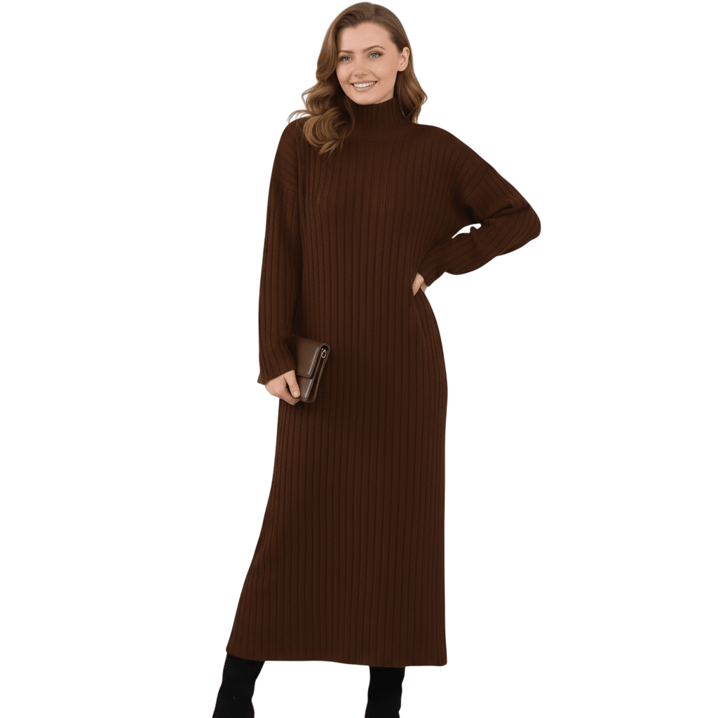 Women's Ribbed Knitted Maxi Dress, Funnel - LUXE DIVAWomen's Ribbed Knitted Maxi Dress, FunnelLUXE DIVALUXE DIVALSPN RibKnitMaxiDresBrown1SWomen's Ribbed Knitted Maxi Dress, FunnelOne sizeBrown