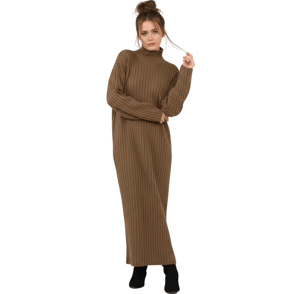 Women's Ribbed Knitted Maxi Dress, Funnel - LUXE DIVAWomen's Ribbed Knitted Maxi Dress, FunnelLUXE DIVALUXE DIVALSPN RibKnitMaxiDresMocha1SWomen's Ribbed Knitted Maxi Dress, FunnelOne sizemocha