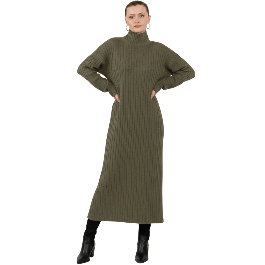 Women's Ribbed Knitted Maxi Dress, Funnel - LUXE DIVAWomen's Ribbed Knitted Maxi Dress, FunnelLUXE DIVALUXE DIVALSPN RibKnitMaxiDresKhaki1SWomen's Ribbed Knitted Maxi Dress, FunnelOne sizeKhaki