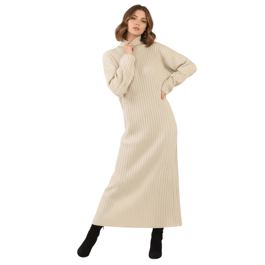Women's Ribbed Knitted Maxi Dress, Funnel - LUXE DIVAWomen's Ribbed Knitted Maxi Dress, FunnelLUXE DIVALUXE DIVALSPN RibKnitMaxiDresStone1SWomen's Ribbed Knitted Maxi Dress, FunnelOne sizestone