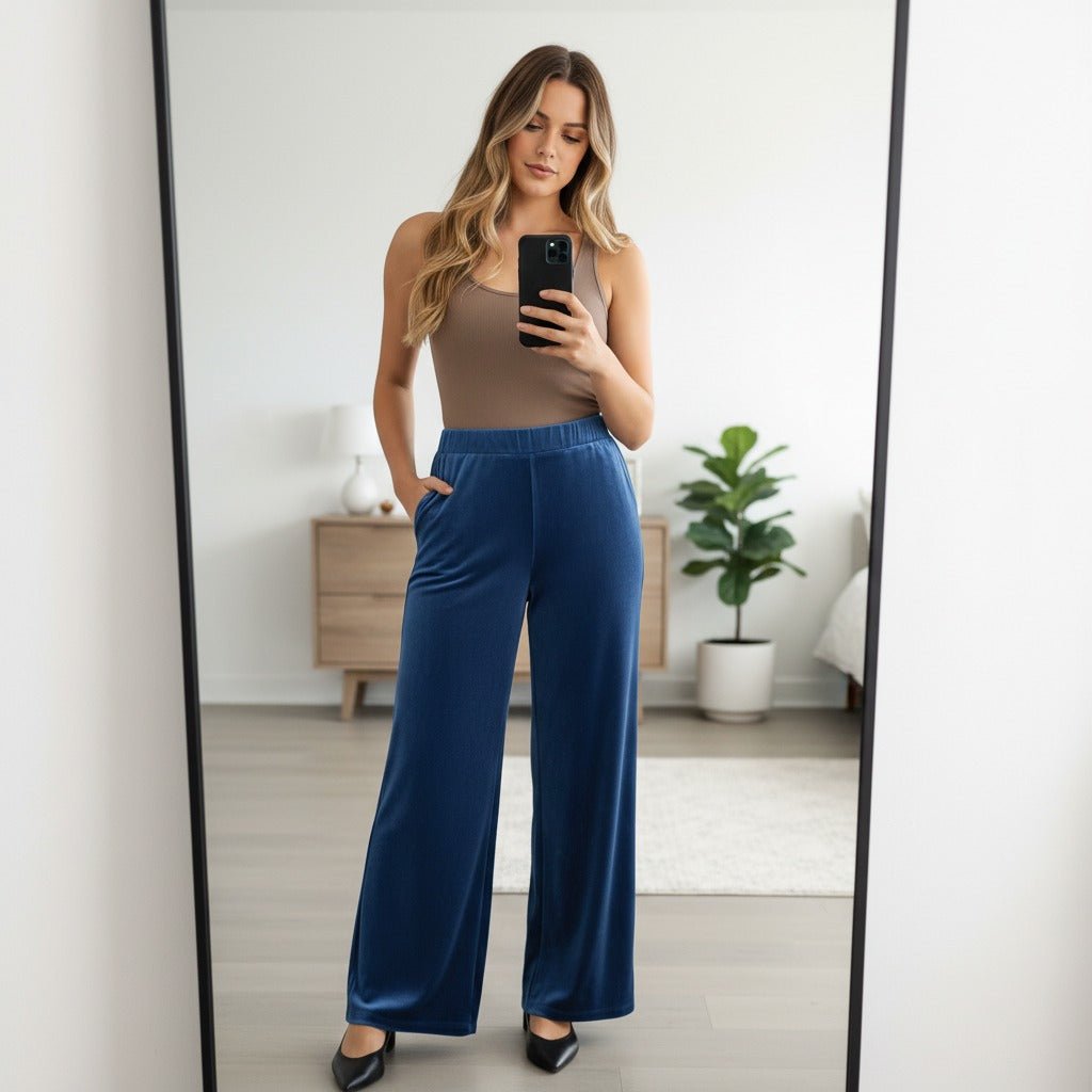 Women’s Velour Velvet Flared Wide - Leg Palazzo Trousers with Pockets | Soft Elasticated Waist Comfortable Casual & Party Wear Pants - LUXE DIVAWomen’s Velour Velvet Flared Wide - Leg Palazzo Trousers with Pockets | Soft Elasticated Waist Comfortable Casual & Party Wear PantsLUXE DIVALUXE DIVAVelvtPktPlazoCharMLWomen’s Velour Velvet Flared Wide - Leg Palazzo Trousers with Pockets | Soft Elasticated Waist Comfortable Casual & Party Wear PantsMLcharcoal