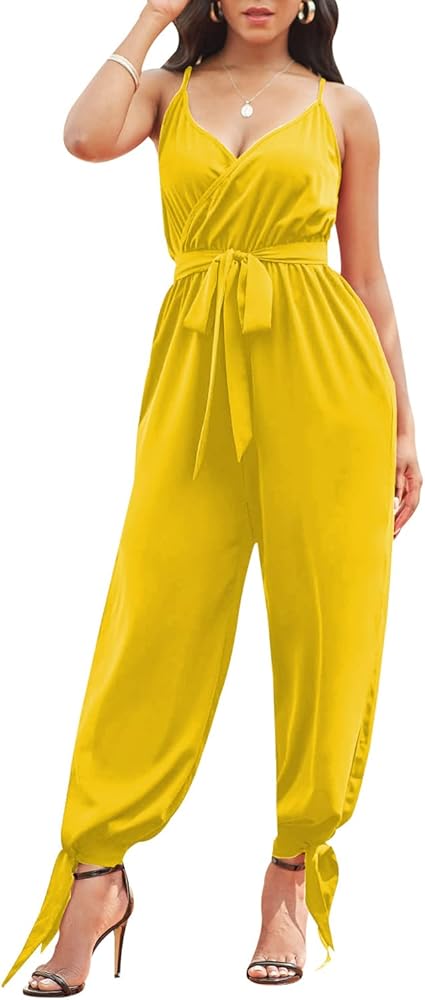 LUXE DIVA Women's V Neck Wrap Over Ankle Tie Waist Jumpsuit Ladies Harem Wide Leg Playsuit