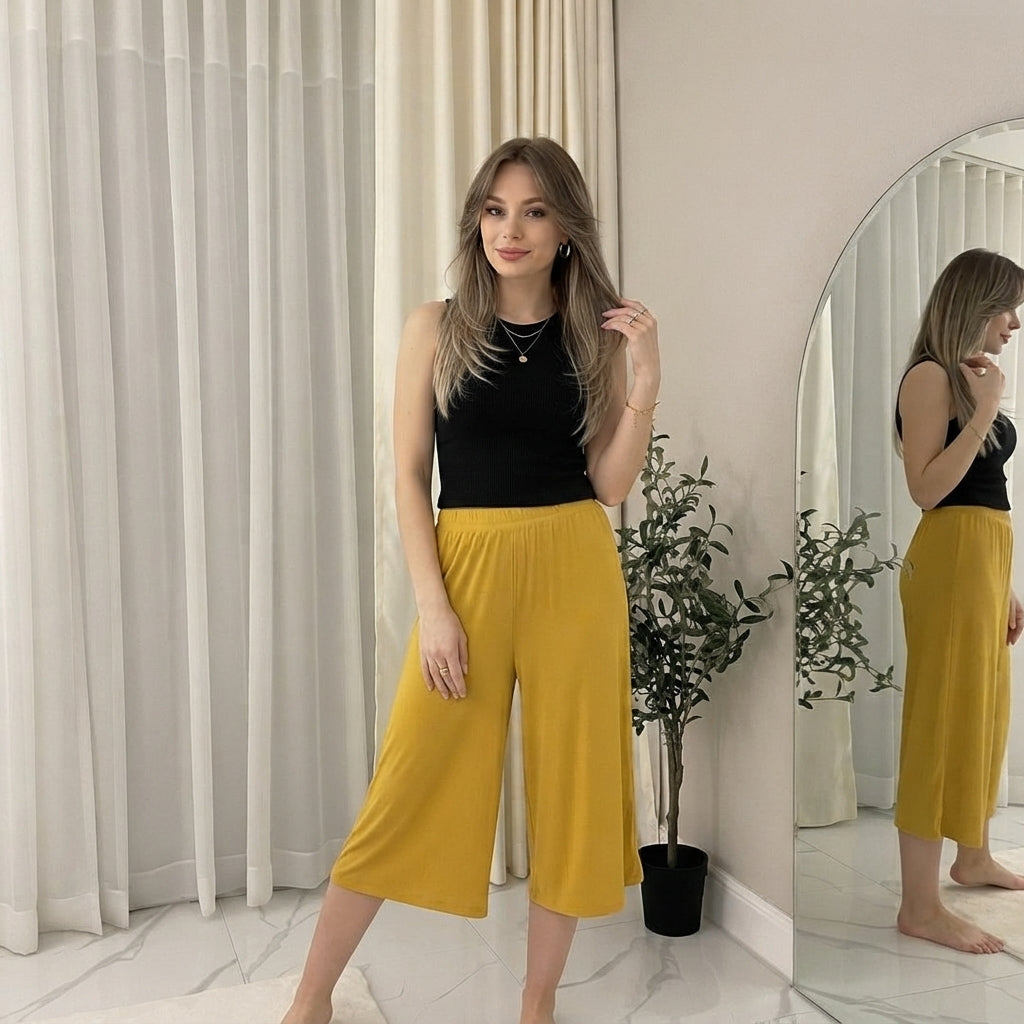 LUXE DIVA Women's 3/4 Palazzo Culottes Wide Leg Stretch