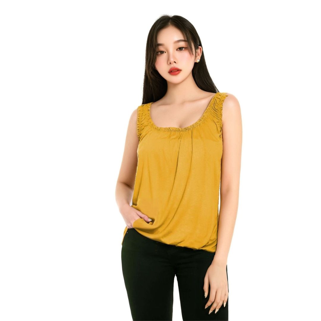 LUXE DIVA Women’s Gathered Round Scoop Neckline Swing Trim Sleeveless Plain Tank Top Wide Straps Ladies Elastic Bubble Hem Summer Camisole Baggy Vest Blouse Top