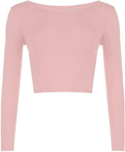 Womens Crop Long Sleeve T Shirt Ladies Short Plain Basic Round Neck Shirts Top 8-14