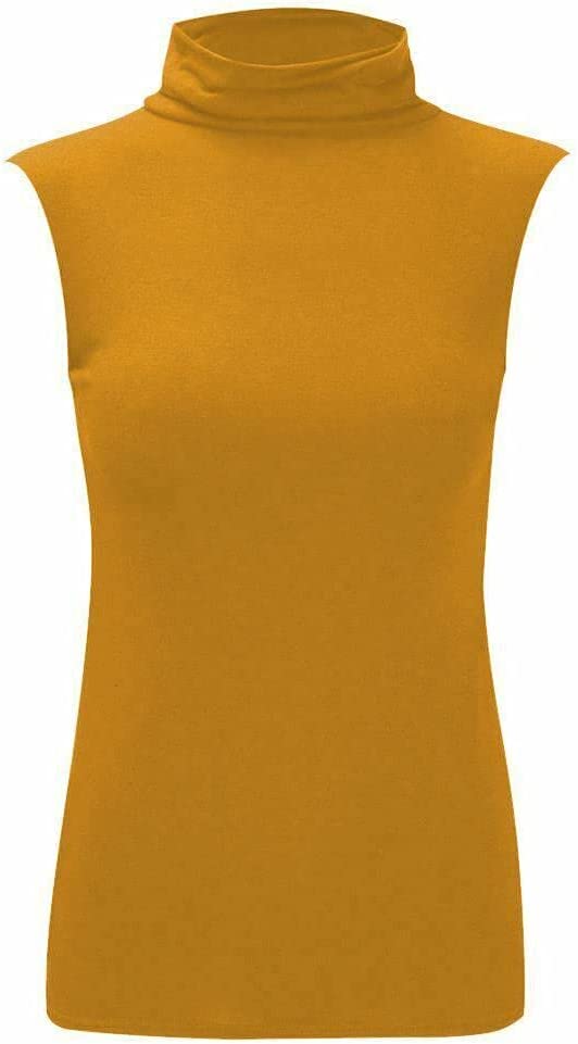 Women Turtle Neck Sleeveless Tops Bodycon Casual Shirt Jumper Top Plain Polo Neck, XL-XXXL