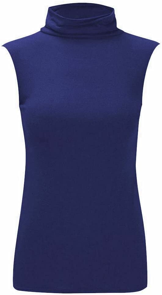 Women Turtle Neck Sleeveless Tops Bodycon Casual Shirt Jumper Top Plain Polo Neck, XL-XXXL