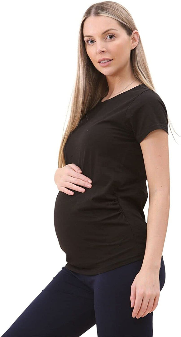 Ladies Maternity Plain Top Pregnancy T-Shirt Side Ruched Crew Neck Short Sleeve Tees for Pregnant Women