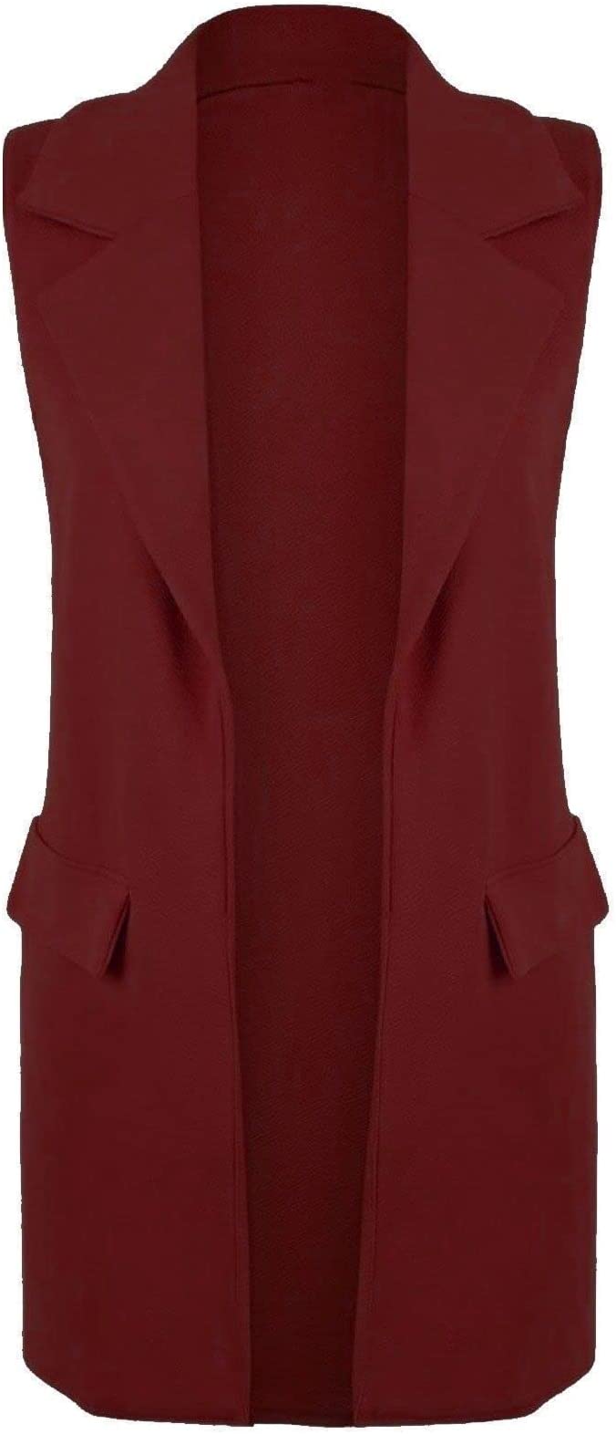 Ladies Front Open Sleeveless Long Duster Coat Waistcoat Blazer Womens Sleeveless Open Front Long Waistcoat Stylish Crepe Pocket Jacket Coat Plus Size UK Size 8-26