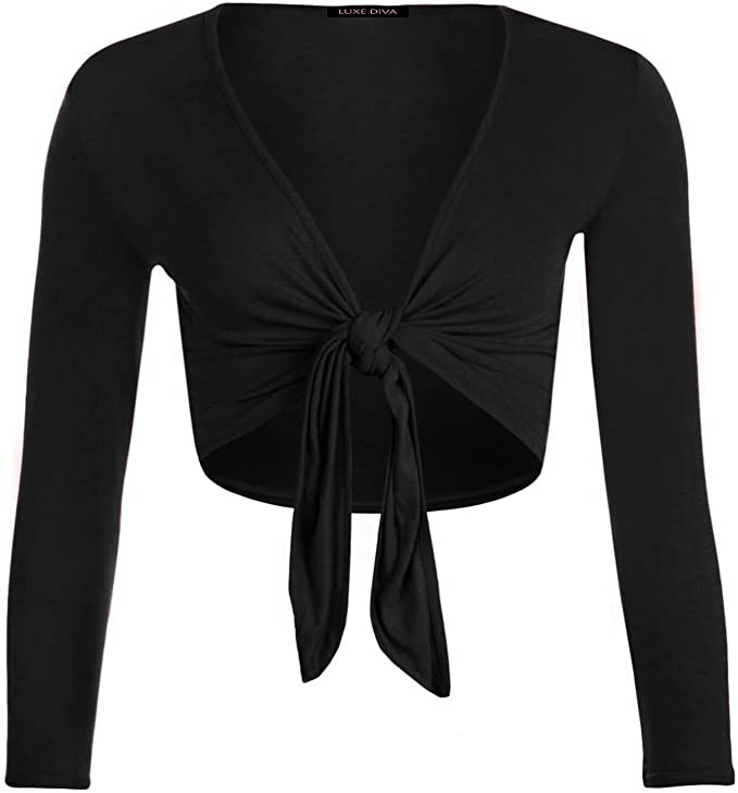 Womens New Plain Bolero Front Tie Shrug Ladies Cropped Long Sleeve Stretch Cardigan Top