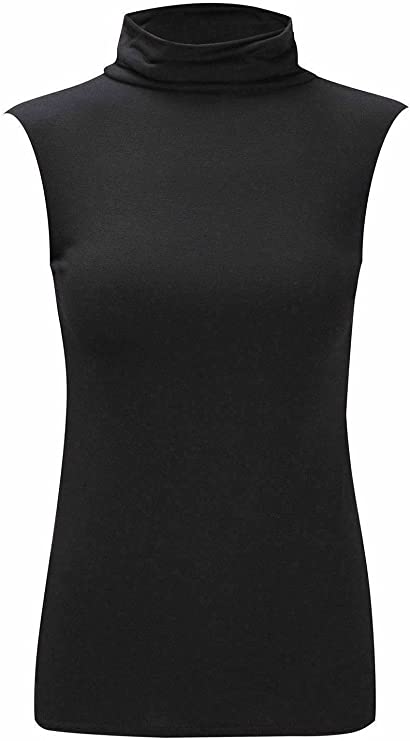 Women Turtle Neck Sleeveless Tops Bodycon Casual Shirt Jumper Top Plain Polo Neck, XL-XXXL