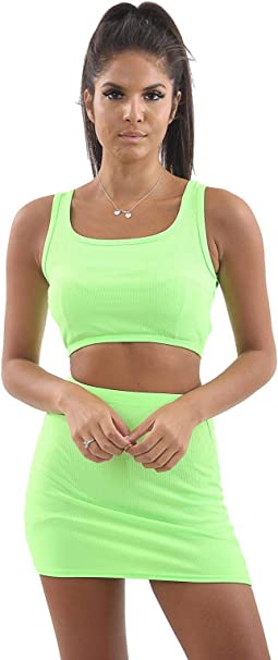 Womens Ladies New Ribbed Sleeveless Crop Top Bodycon Mini Skirt Summer 2 Pcs Co-Ord Suit