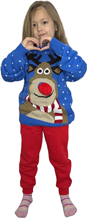 Children's Kids Girls Boys Pom Nose Christmas Jumper