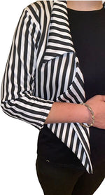 Load image into Gallery viewer, Women ¾ Sleeves Stripes Print Open Front Waterfall Crop Blazer Jacket Womens Black White Stripe Print Open Front Waterfall Crop Blazer Jacket Coat
