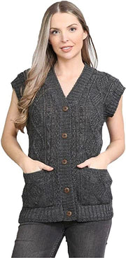 Womens Sleeveless Cable Knitted Grandad Cardigan Ladies 5 Button Casual Winter Sweater Waistcoat Top