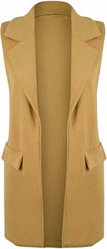 Load image into Gallery viewer, Ladies Front Open Sleeveless Long Duster Coat Waistcoat Blazer Womens Sleeveless Open Front Long Waistcoat Stylish Crepe Pocket Jacket Coat Plus Size UK Size 8-26
