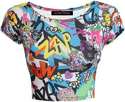 Women Cap Short Sleeve Crop Top Round Neck Plain/Printed T-Shirt Stretchy Summer Cropped Vest Tops Size 8-14