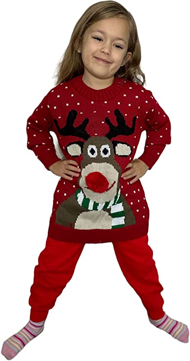 Children's Kids Girls Boys Pom Nose Christmas Jumper