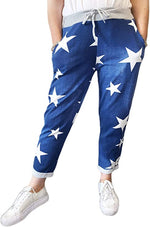 Load image into Gallery viewer, Women’s Ladies Denim Joggers Star Printed Sweatpants Floral Ribbed Waistband Trousers Ladies Casual Summer Drawstring Italian Gym Running Pants Plus Size 8-22
