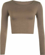 Load image into Gallery viewer, Womens Crop Long Sleeve T Shirt Ladies Short Plain Basic Round Neck Shirts Top 8-14

