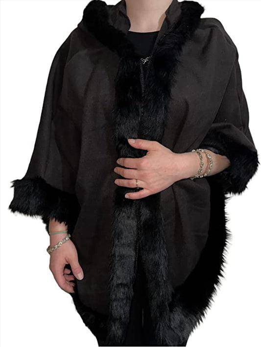 LUXE DIVA Women's Faux Fur Hooded Cape Shawl