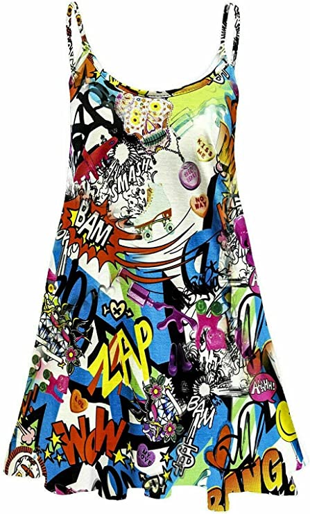 Plus Size Womens Printed Strappy Sleeveless Ladies Mini Dress Vest Top