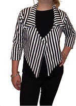 Load image into Gallery viewer, Women ¾ Sleeves Stripes Print Open Front Waterfall Crop Blazer Jacket Womens Black White Stripe Print Open Front Waterfall Crop Blazer Jacket Coat
